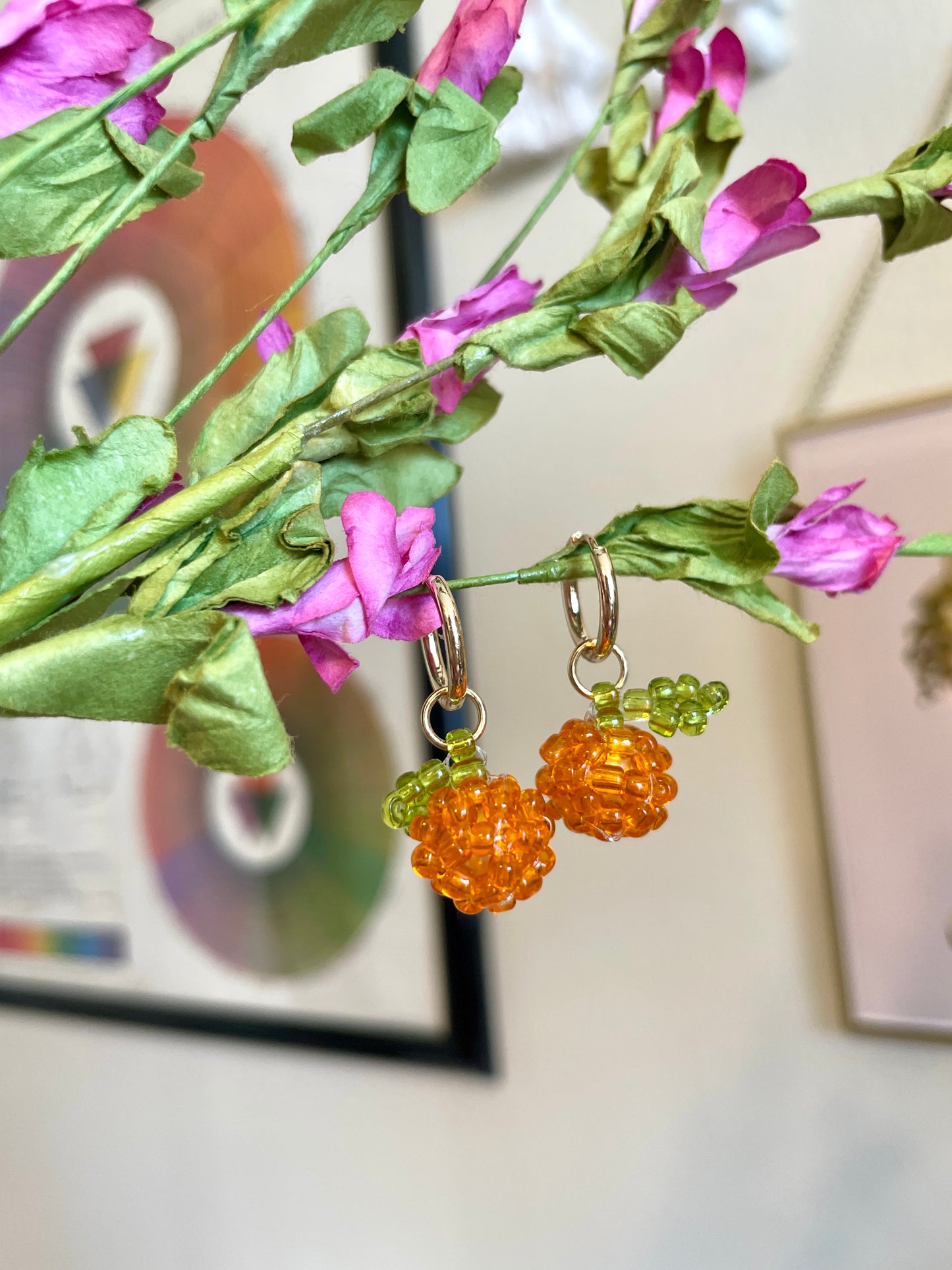 Orange Beaded Fruit Huggie Earrings