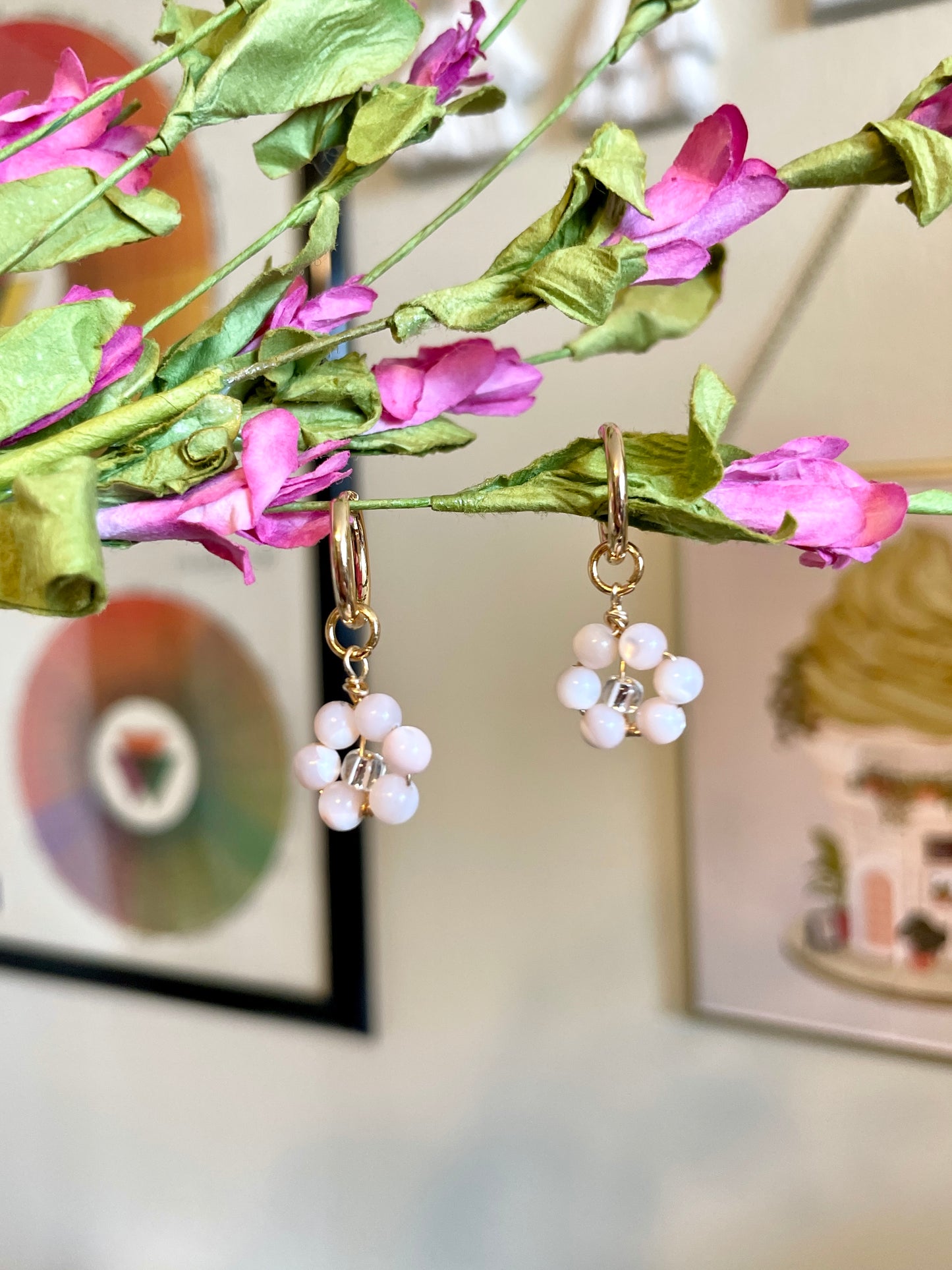 Beaded Flower Huggie Earrings (Multiple Colors)