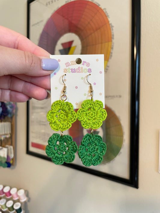 Green/Green Crochet Flower Earrings - Double