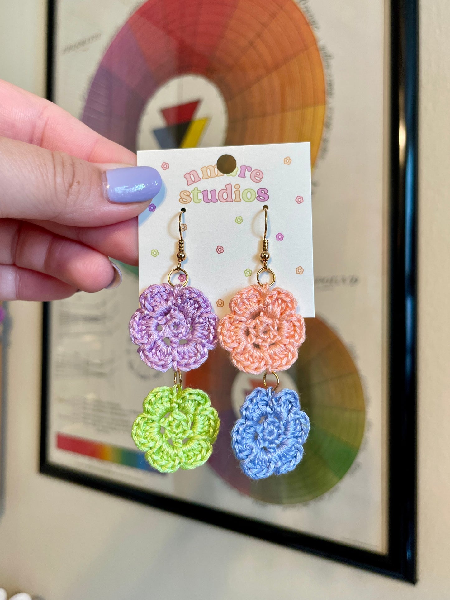 Pastel Multicolor Crochet Flower Earrings - Double