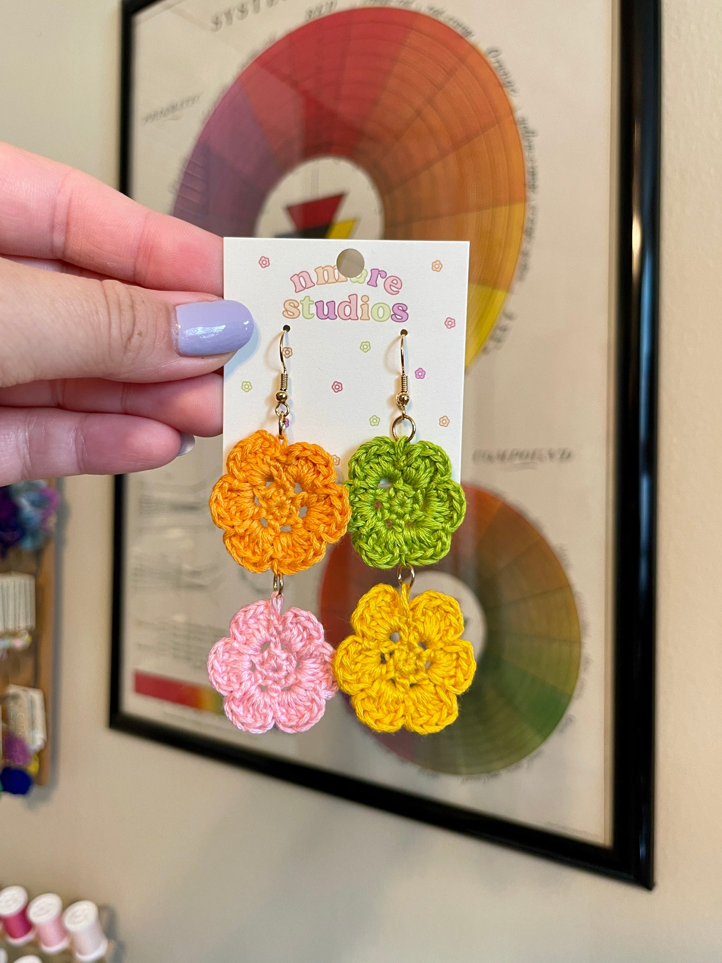 Bright Multicolor Crochet Flower Earrings - Double