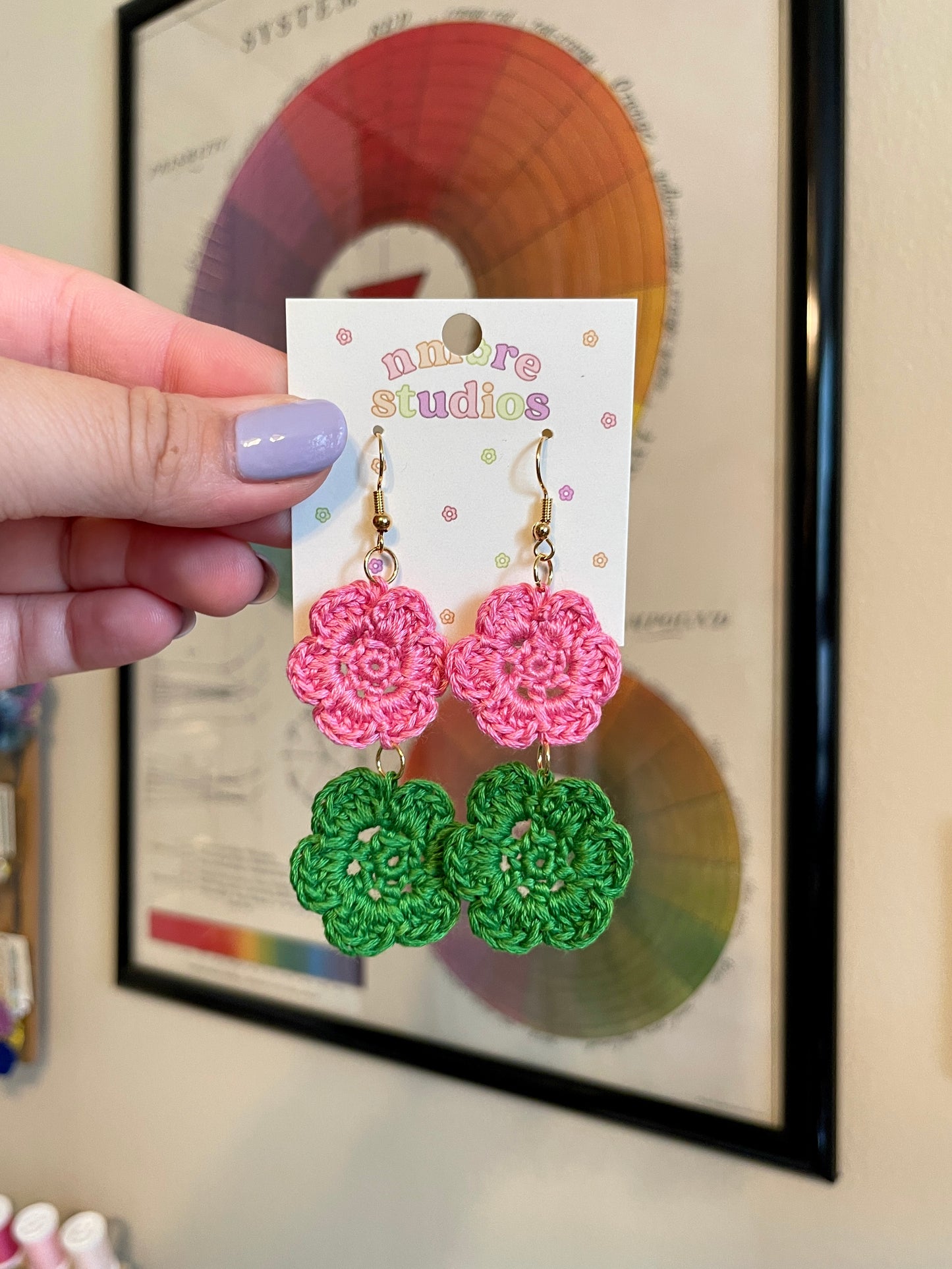 Pink/Green Crochet Flower Earrings - Double