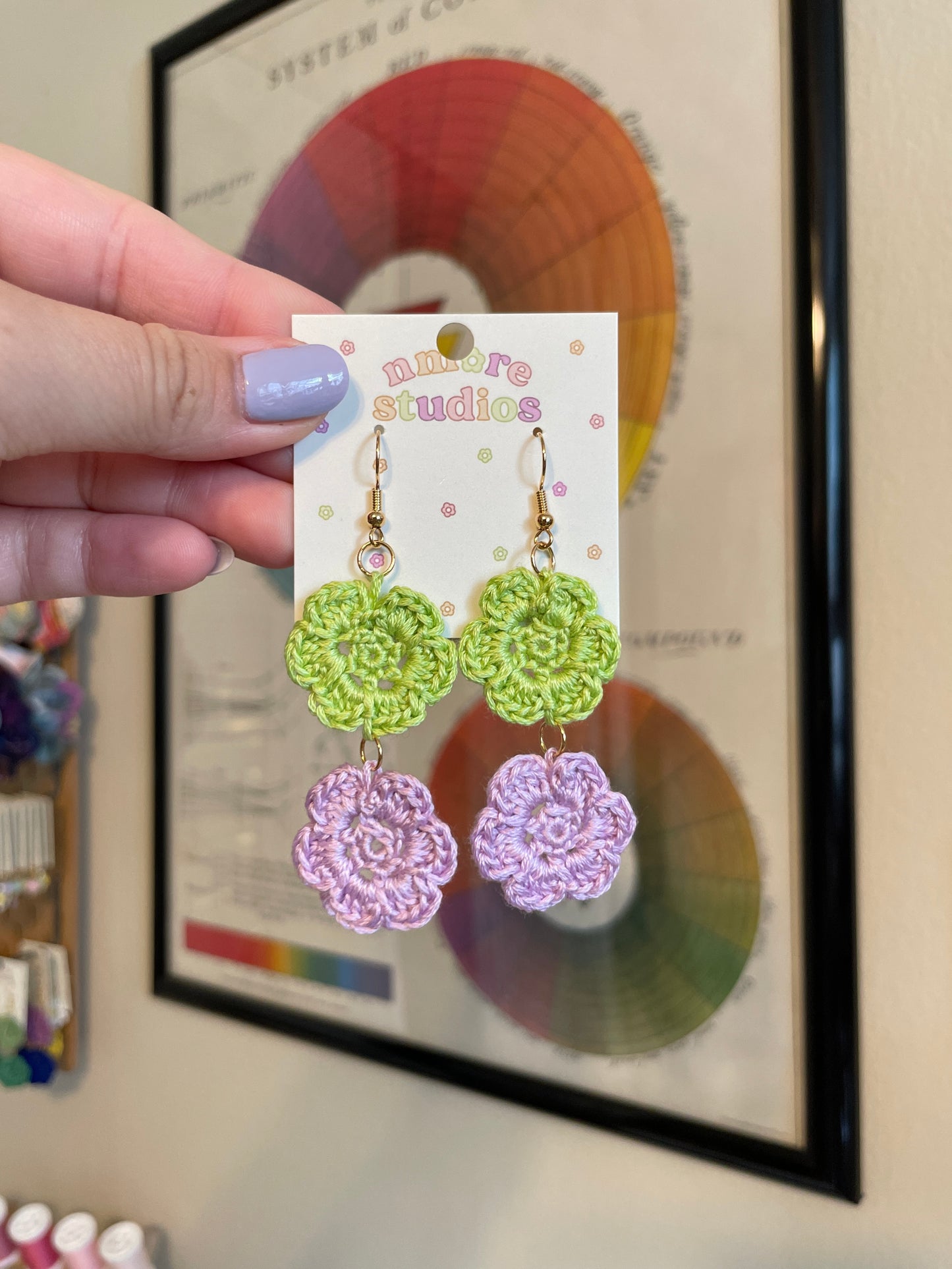 Pastel Green/Purple Crochet Flower Earrings - Double