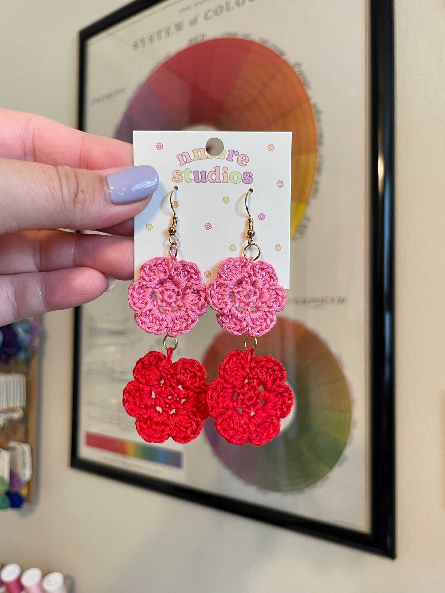 Pink/Red Crochet Flower Earrings - Double