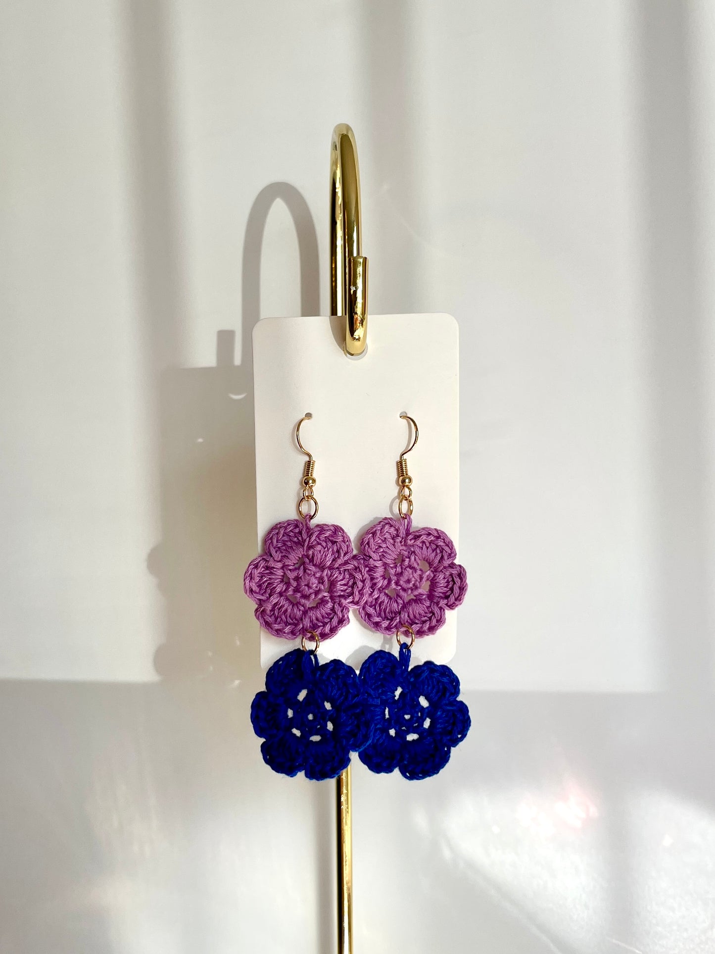 Lavender/Cobalt Blue Crochet Flower Earrings - Double