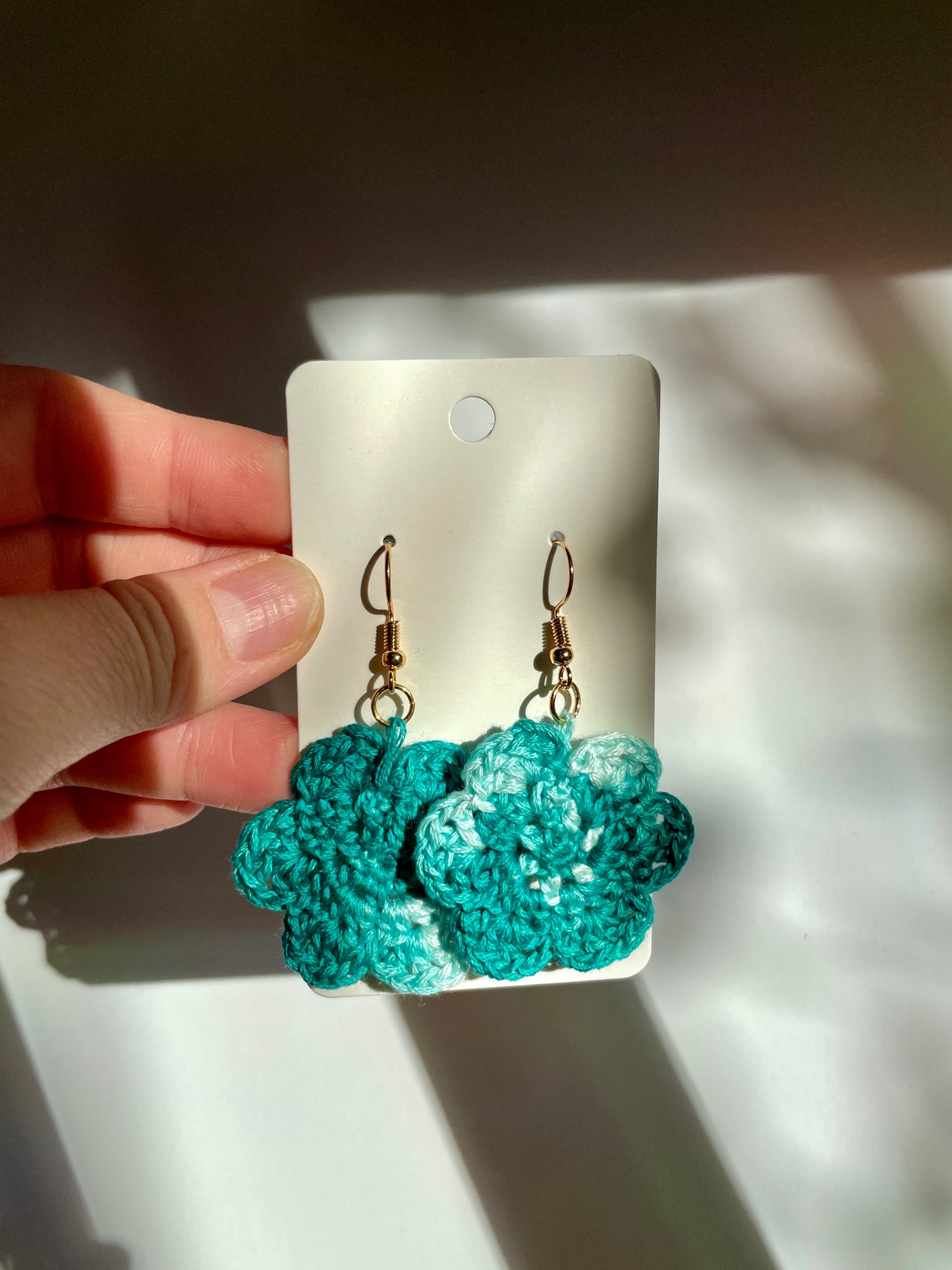 Teal Crochet Flower Earrings - Single