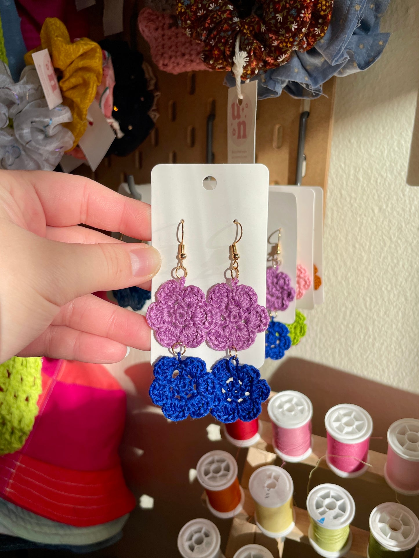 Lavender/Cobalt Blue Crochet Flower Earrings - Double