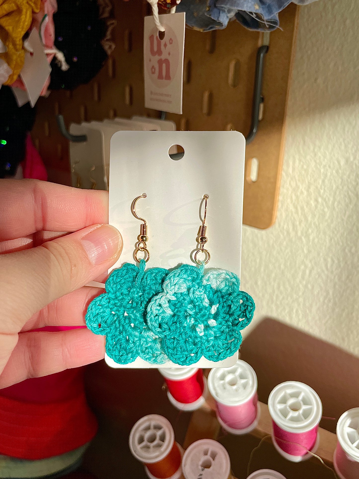 Teal Crochet Flower Earrings - Single