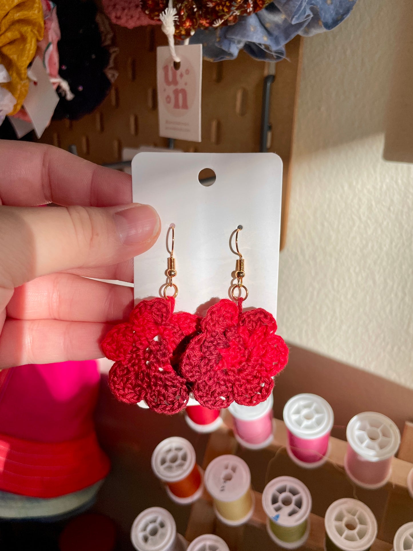 Red Crochet Flower Earrings - Single