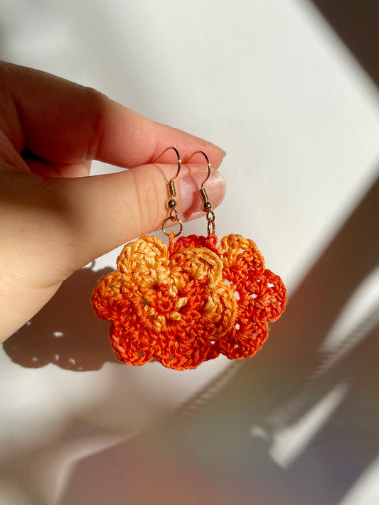 Orange Crochet Flower Earrings - Single